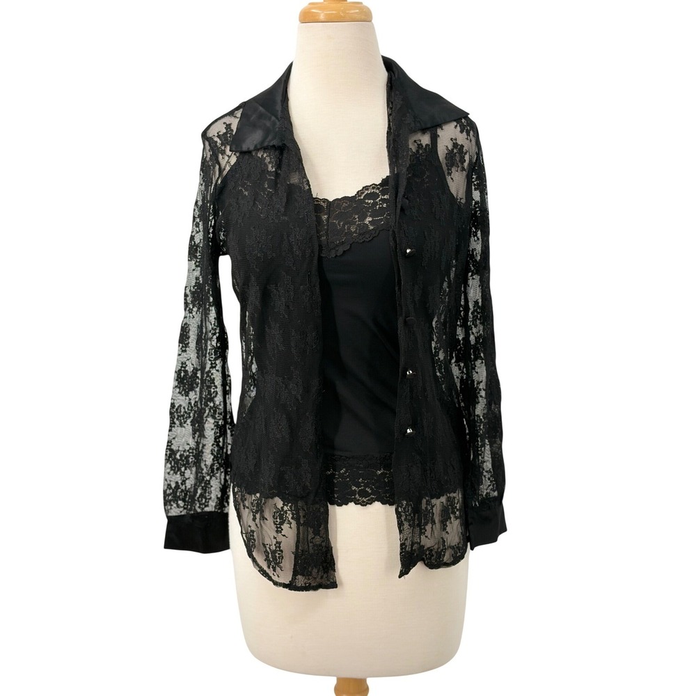 White House Black Market Black Lace Button Down Shirt and Camisole Set Small